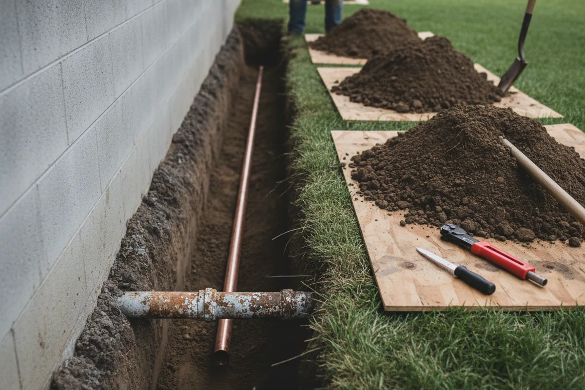 Excavated water line trench during Sewer Line Repair in Boise